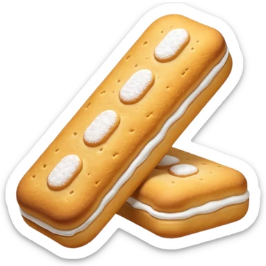 three ladyfinger biscuits, golden-brown, elongated with rounded edges, powdered sugar dusting, airy and crisp outside, spongy inside, lightly stacked or scattered, soft lighting, subtle shadows, no packaging, no plate, no faces, transparent background, emoji scale sticker