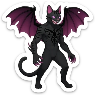 Black edgy Noivern-Noibat-Purloin-Torracat-Lykoi-Caracal-cat-Fakemon-fusion-hybrid-creature with bat wings on head as ears, big fangs, gothic markings sticker