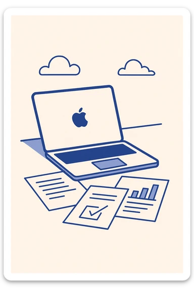 a MacBook laptop on a desk with work papers, clean modern illustration style sticker