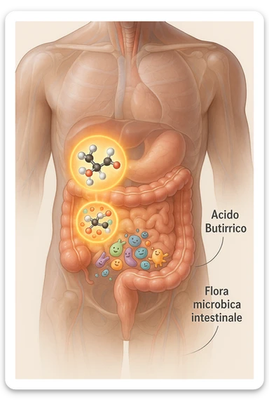Realistic, vertical 3D medical illustration showing a semi-transparent human torso with a detailed view of the digestive tract, focusing on the large intestine. Inside the colon, glowing 3D molecules of butyric acid (acido butirrico) are visible, depicted as ball-and-stick models (carbon: black/gray, hydrogen: white, oxygen: red). Around the molecules, clusters of diverse, friendly-looking gut bacteria are shown, interacting positively with the butyric acid. The intestinal wall appears healthy and vibrant, with subtle highlights indicating improved gut health. The background is clean and softly lit, with clear educational labels such as “Acido Butirrico” and “Flora microbica intestinale.” The overall mood is scientific, modern, and supportive of gut wellness. sticker