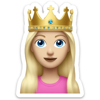 White blonde woman with blue eyes and a pink ski mask on and a gold crown sticker