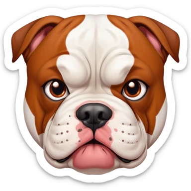 Cinematic Meme-Worthy Grumpy White and Brown American Bulldog Portrait Emoji, Head held high but eyes filled with dramatic disappointment, short white fur with striking brown patches, deeply furrowed brow creating an unmistakable scowl, floppy ears slightly angled back in disapproval, piercing brown eyes glaring with pure exasperation, Simplified yet hilariously over-exaggerated features, highly detailed, glowing with an aura of supreme annoyance, high shine, exhausted yet judgmental, stylized with an almost regal pettiness, bright but brooding, soft glowing outline, capturing the essence of a pup that has seen it all and is thoroughly unimpressed, so meme-worthy it feels like it could instantly become the next viral sensation of grumpiness! sticker