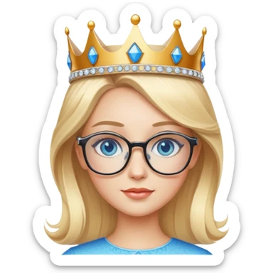 beautiful princess with blonde hair, bright blue eyes, wearing stylish glasses and a crown sticker