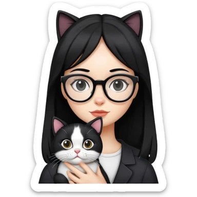 Girl with black hair wearing glasses holding a black and white cat sticker
