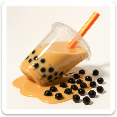 boba tea cup tipped over on its side, spilling tapioca pearls and tea, playful and clear composition sticker