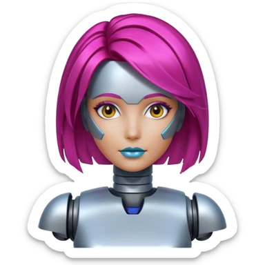 female vibrant hair color metalic robot face not human face sticker