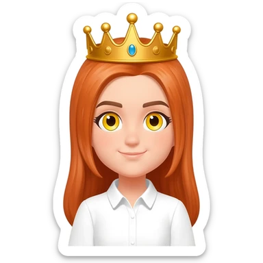 White girl with orange long straight hair and yellow eyes with a crown on her head and a white shirt on brown eyebrows and her hair to the side not on her forehead sticker