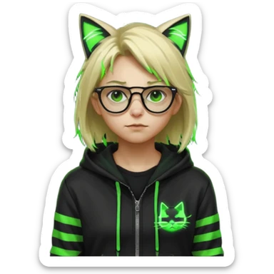 Light blond, slightly messy hair
Black glasses
A black hoodie with cat ears
Neon green details on the jacket and pants (glowing lines and stripes)
An overall hacker / cyberpunk style look
A neutral facial expression sticker