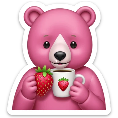 A pink bear is holding a strawberry and drinking coffee with a transparent background in a teenager hand-drawn style. sticker