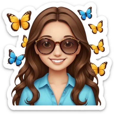 Smiling with butterflies and sunglasses and long brown hair sticker