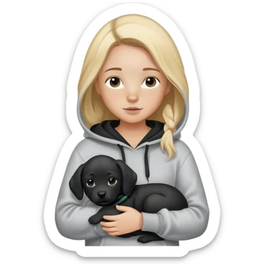 Blonde girl with smooth hair and a center part, light skin with freckles, wearing a hoodie and carrying a black baby labrador puppy in her arms sticker