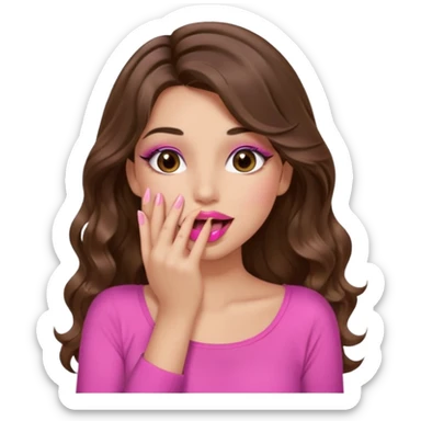 girl with long wavy brown hair, brown eyes, long lashes makeup, sexy pink lips, light to medium complexion, wearing a pink sexy top, sexy, giggling hand covering mouth sticker