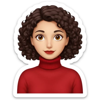 30 yr iranian woman dark brown hair curly wavy short hair, red turtle neck sweater, very thick eyebrows, light skin, dark brown eyes, small smile sticker