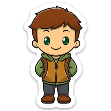 Rudeus Greyrat smiling warmly, green eyes, short brown hair, wearing travel clothes, friendly and kind expression sticker
