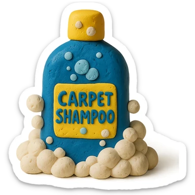 carpet shampoo bottle with bubbles and suds, playful look, claymation style sticker