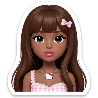 heart shaped lips, cute glossy lips, doll eyes with long lashes, dark brown skin, long brown hair, big chest, hello kitty necklace, one bow clip, bimbocore outfit sticker