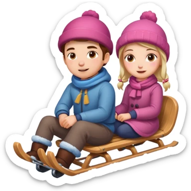 sledge surrounded with snow with boy and girl on top of it riding sticker