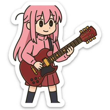 Bocchi the Rock in a pink costume with a guitar sticker