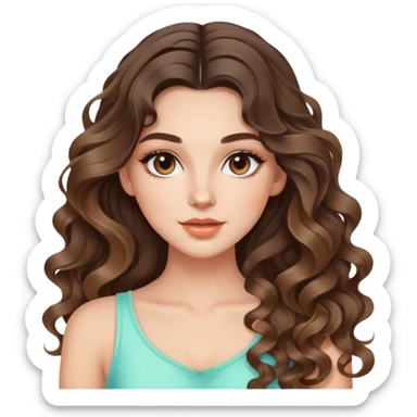beautiful brunette with a light balayage white girl with nice curls/defined waves, very long hair, clean girl makeup and nice summer outfit  sticker