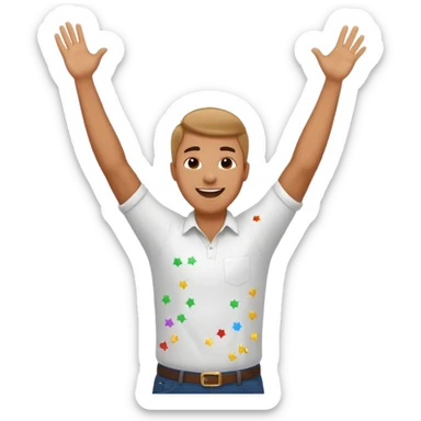 hombre sonriendo saltando con los brazos hacia arriba saltando, con fuegos artificiales, confites volando, sticker