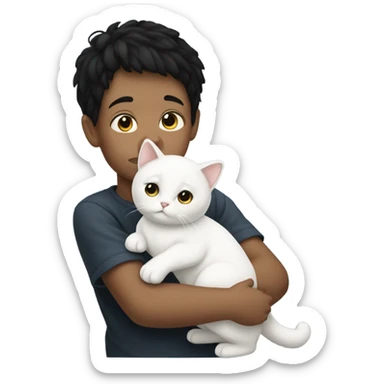 Little boy with black hair holding a huge White cat sticker