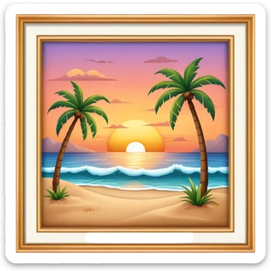 a beach with sand , water , a sunset , and palm trees sticker