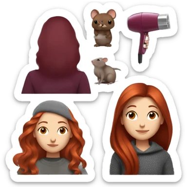 redhead girl with long hair and Dyson styling in a burgundy sweater and a grey rat on her shoulder sticker