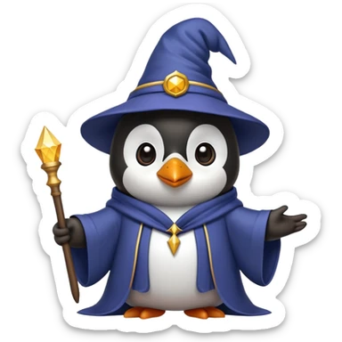 Penguin wearing wizard hat and robe holding a magic wand sticker