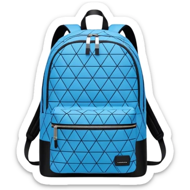 A stylish cute school backpack, medium-sized, with a modern design in blue and black. It features a geometric pattern of subtle triangles across the front pocket, giving it a sleek yet dynamic look, front view sticker