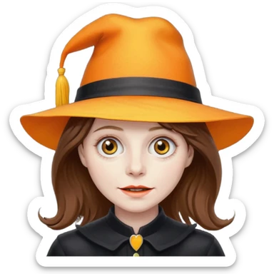 babadook with brown hair and a hat that's bright orange and yellow sticker