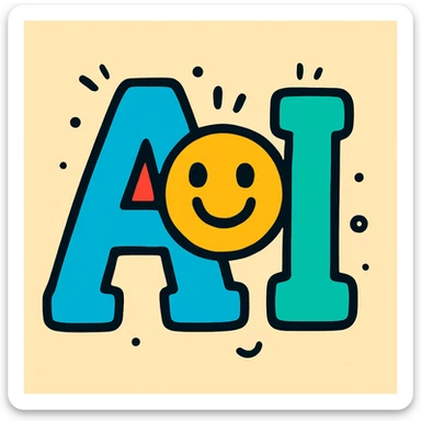 letters 'AI' in a playful, cartoon style with bright colors and a smiling face incorporated sticker