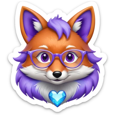 A whimsical fox with sparkling purple-blue fur, a glowing tail, a silver star on its forehead, and round glasses, with heart-shaped eyes, looking in love sticker