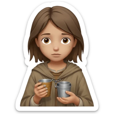 little beggar girl character, chest-up portrait, loose slightly messy hair, worn and oversized clothes in neutral earth tones, tired but gentle eyes, subtle dirt marks on face, holding small metal cups for coins, humble and innocent expression sticker