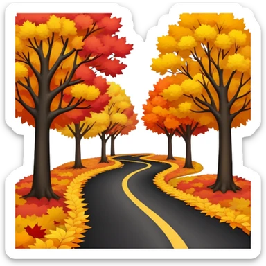 A winding black road through a path of autumn colored trees sticker
