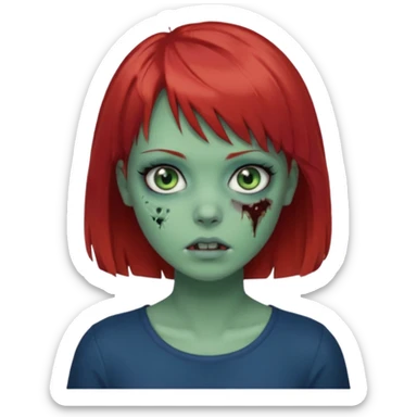 Zombie girl emoji with short red hair and bangs. Blue eyes, green skin, and a black top Her hair is slightly wavy sticker