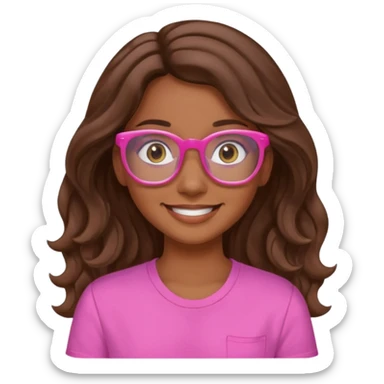 Una chica color de piel sea morena ligado con blanco ojos cafés una sonrisa 🙂 cabello largo ondulado y café camisa de color rosa y lentes de ver azules  sticker