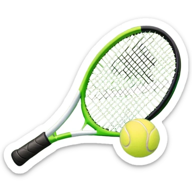 A tennis racket and a ball placed on the ground, with a tennis court in the background. The court lines and net are visible, emphasizing the structure and focus of the sport, creating a dynamic and energetic vibe. sticker