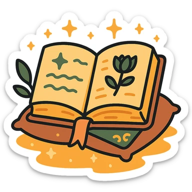  cute open book lying on a cozy surface, designed in a soft and magical color palette: golden orange (FA9B41), deep forest green (4A7C5C), warm taupe brown (96775A), and pastel peach (FFCC9A). The pages are slightly aged with gentle curves, featuring whimsical illustrations, tiny stars, and elegant handwritten text. The book cover, visible beneath the open pages, has decorative patterns and a ribbon bookmark in peach and green tones. Around the book, add soft light, a few leaves, or glowing sparkles, creating a dreamy, enchanted, storybook-like atmosphere. The overall mood is warm, magical, and gentle sticker