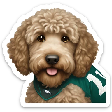 Light brown Labradoodle wearing a Philadelphia eagles jersey sticker