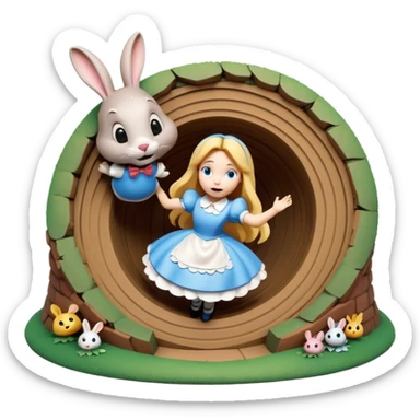 Isolated, 4D rendering,  detailed illustration of the most incredibly amazing modern style of disney's Alice in wonderland falling in rabbitbhole
figurine imaginable, toy style. sticker