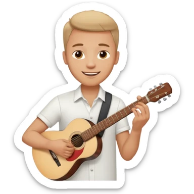 male memoji, man in a white shirt, holding a guitar, dreamy smile sticker