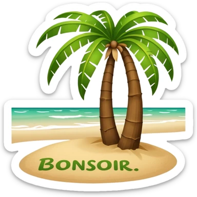 Un cocotier au bord d'une plage avec en arc de cercle écrit bonsoir sticker