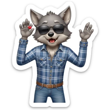 friendly anthropomorphised wolf in jeans and plaid shirt, wearing dark sunglasses, howling, dynamic pose sticker