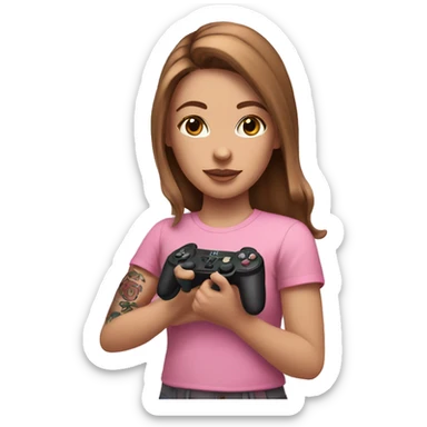 White girl with arm tattoo and brown hair holding a pink game controller sticker