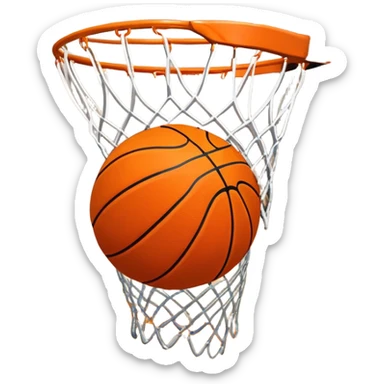 A close-up shot of a basketball soaring through the air and perfectly swishing into the basketball net. The ball is in mid-motion, with the net gently moving as the ball makes contact. The background shows a vibrant court with clear markings, capturing the excitement of a successful shot sticker