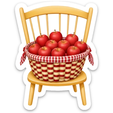 woven basket with apples and white checkered cloth on a white wooden chair, yellow sticker