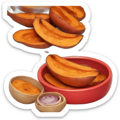 grilled sweet potatoes in a red plate with onion rings sticker
