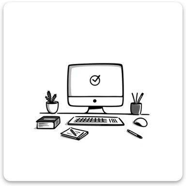 Computer on a desk with scattered books and notebooks sticker