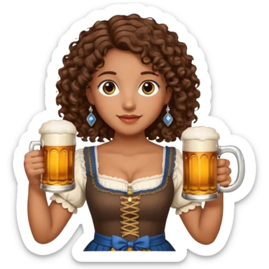A woman with brown, shoulder-length curly hair and brown eyes she is wearing a dirndl and holding a beer stein sticker