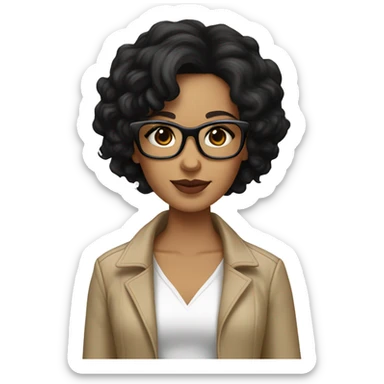short black wavy hair, light skin, brown eyes, cheetah pattern glasses, beige jacket and white shirt girl sticker